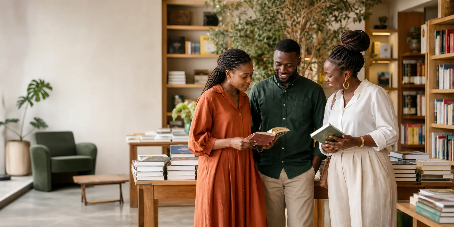 Ghanaian adults discovering books together in a modern bookstore