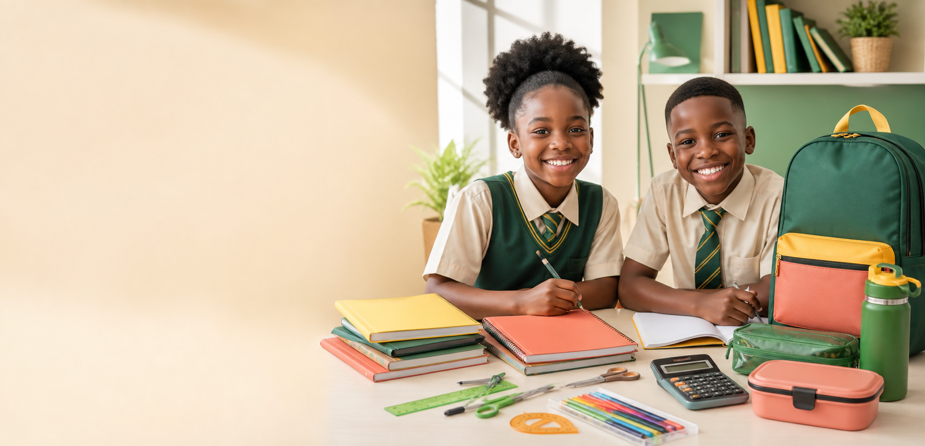Ghanaian pupils with backpacks, notebooks, stationery and school essentials