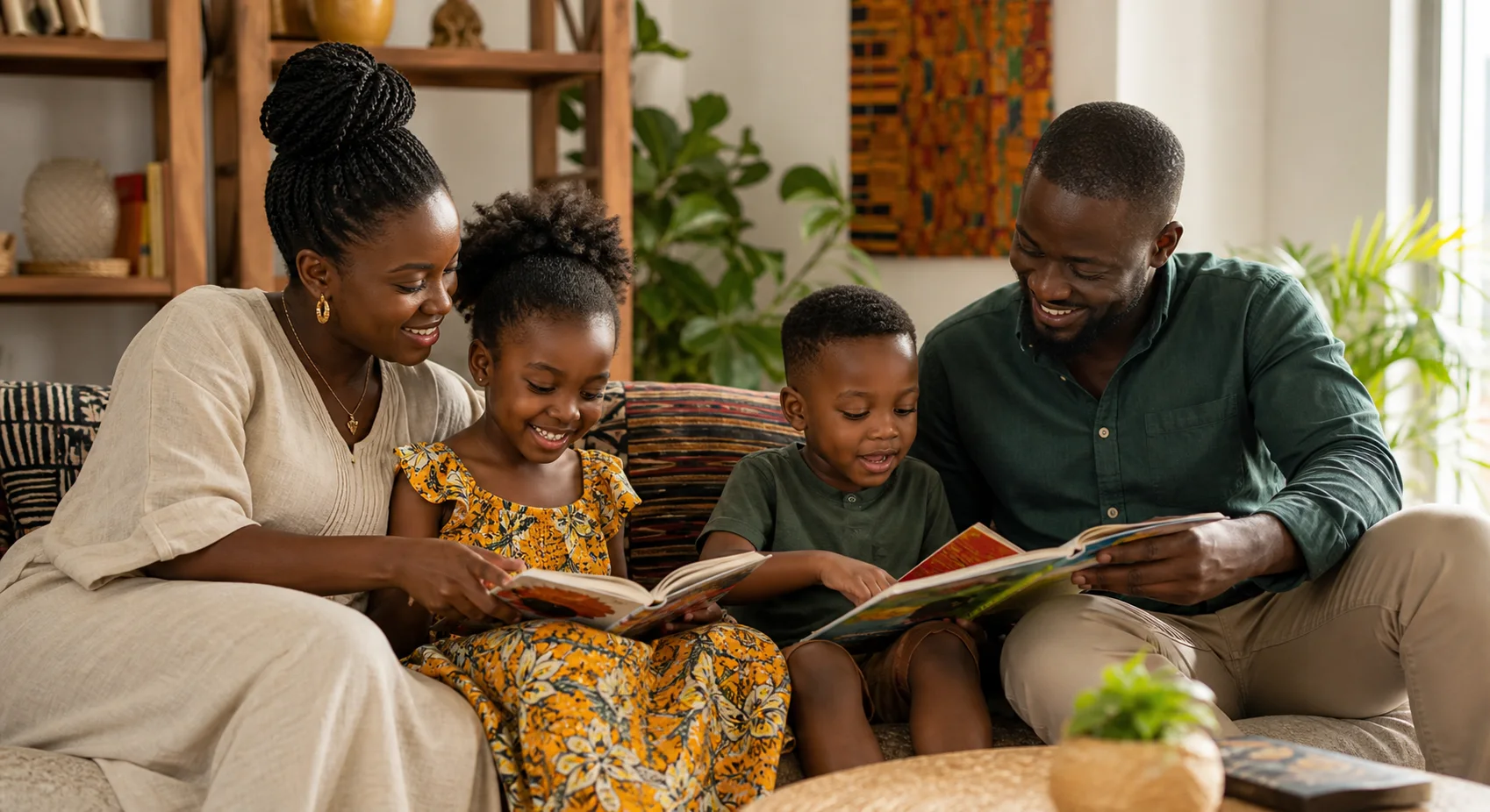 A Ghanaian family enjoying books together at home
