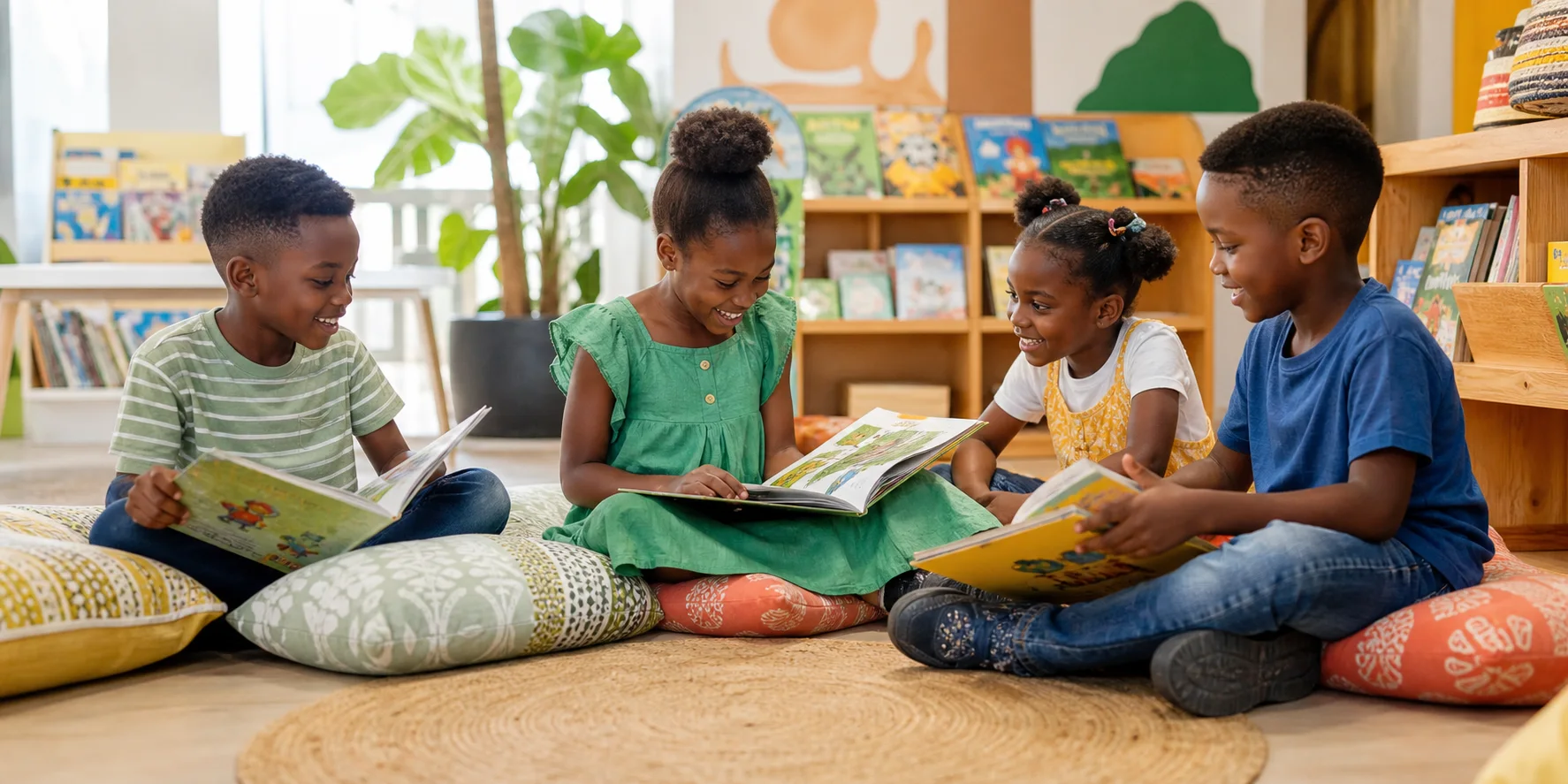 Ghanaian children exploring illustrated books together